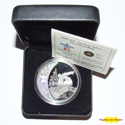 2008 Silver Proof $25 Hologram Coin - Snowboarding - Click Image to Close
